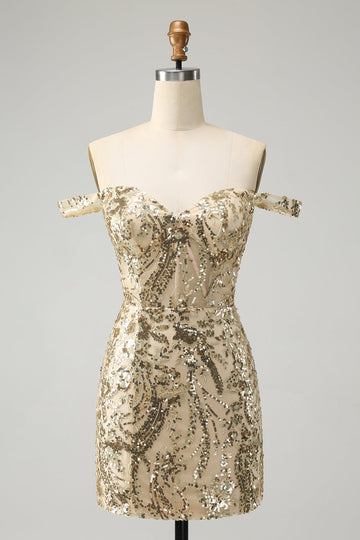 Vestido de cóctel dorado con hombros descubiertos y lentejuelas